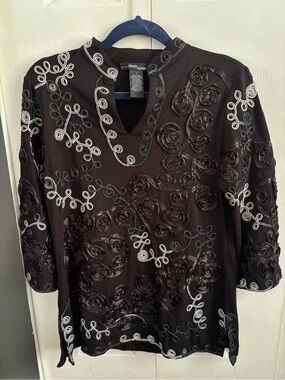 Embroidered Black Women's Top with Rosette Detail